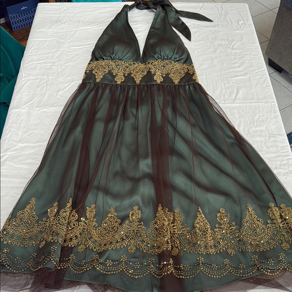 Elegant Green and Gold Halter Dress